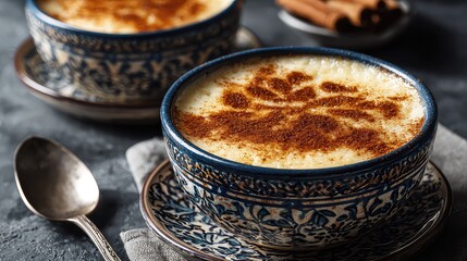 Portuguese Arroz Doce Dessert, Creamy Rice Pudding topped with Cinnamon Patterns, served in a Ceramic Bowl