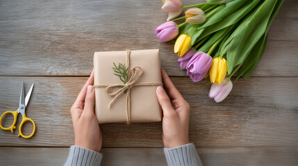 Hands Holding Wrapped Gift Box with Fresh Spring Tulips on Rustic Wood Table Top View