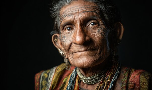 Intimate Portrait of an Elderly Woman with Deep Wrinkles and Serene Eyes.
