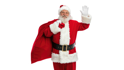 Jolly Santa Claus extends a warm greeting, his cheerful demeanor capturing the spirit of giving with his festive outfit and a sack of gifts. Isolated On Transparent and White Background