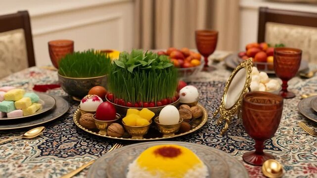 Haft Seen Table Setting With Decorated Eggs Fresh Sprouts And Traditional Persian Food Prepared For Nowruz Celebration Displayed On An Ornate Tablecloth With Amber Colored Glassware And Gold Cutlery.