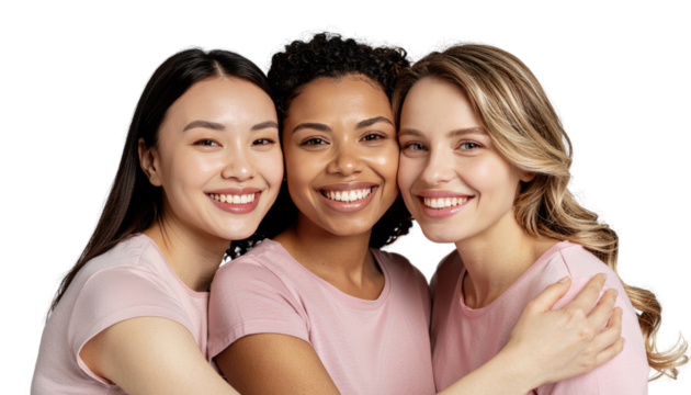 Three diverse women sharing a warm embrace, radiating joy and friendship, embodying beauty and unity, symbolizing sisterhood.  Isolated On Transparent and White Background