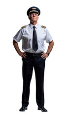 Transparent Png of an Experienced Male Pilot in Full Uniform, Hands on Hips, Looking Up Confidently, Ready for Duty