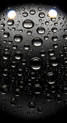 Water Droplets on a Dark Surface with Light Reflections.