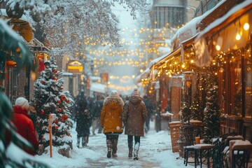 People walking down a snowy city street.