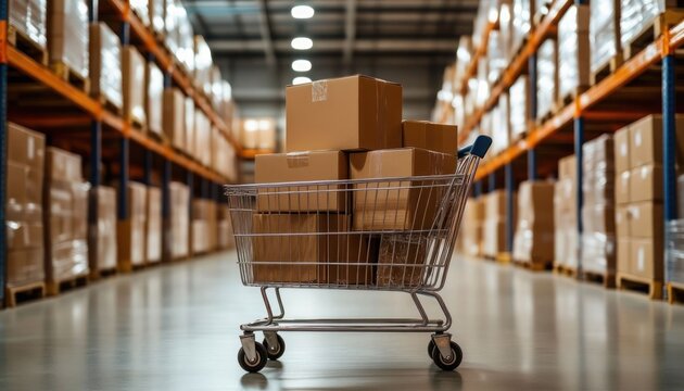 A shopping cart full of boxes is in a warehouse