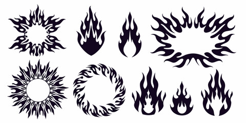 Collection of black tribal flame designs and circular fire elements for graphic design