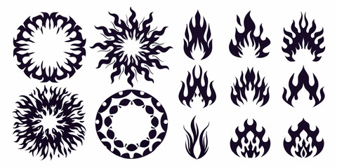 Collection of stylized black fire and sunburst graphic elements and tribal tattoo designs © Rathin