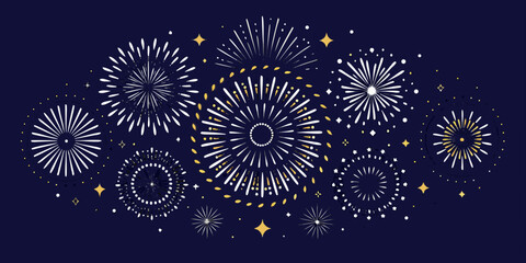 Festive abstract fireworks display with white and gold bursts on a dark blue background