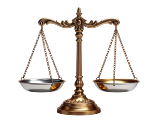 Set of two justice scales symbolizing law and balance isolated on transparent background