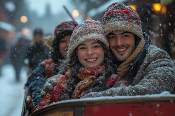 Couple enjoying a ride in red wagon in snow.
