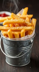 Golden French Fries in a Bucket with Ketchup.