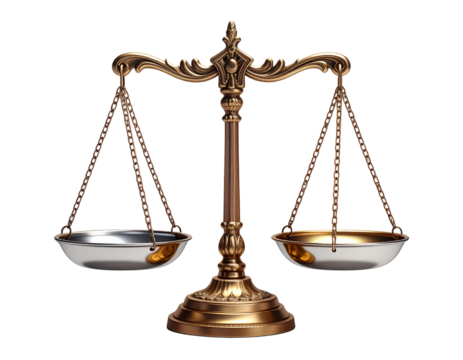 Set of two justice scales symbolizing law and balance isolated on transparent background