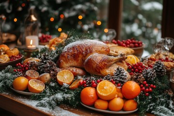 Turkey and oranges on table.