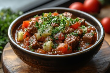 Bowl of hearty stew with vegetables and meat.
