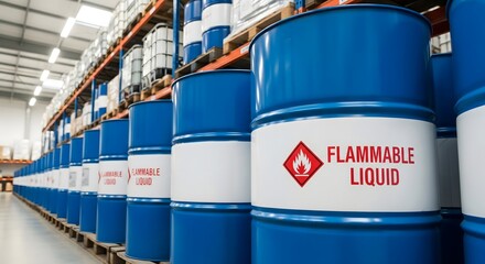 Industrial warehouse storage of blue barrels with flammable liquid warning labels symbolizing chemical safety, hazardous materials, risk management, and industrial logistics