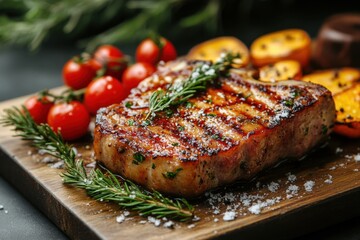 Grilled pork steak with rosemary and tomatoes on a plate.