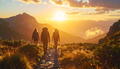 Friends Hiking Mountain Trail at Golden Sunset, Silhouetted Against Sky