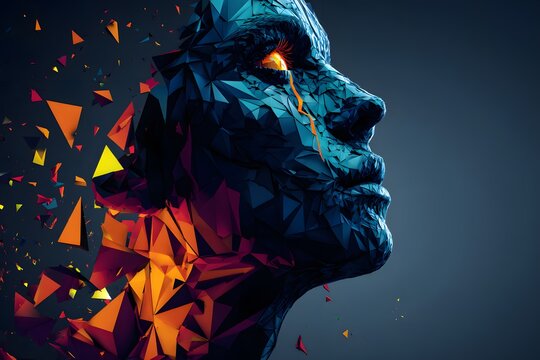 Zerfallende polygonale Gesichtsstruktur mit leuchtenden Farben 
