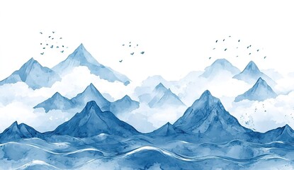 Obraz premium Hand-drawn watercolor background with mountains and sea waves, vector illustration, vector art, vector graphics, vector lines, vector, blue tones, flat design, simple shapes