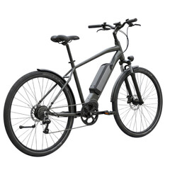 Modern dark gray electric commuter bicycle e-bike isolated on white studio background