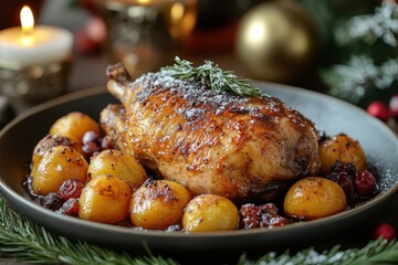 Plate featuring chicken, potatoes, and cranberries.