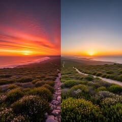 Coastal Contrast - Sunset and Sunrise Over Lush Greenery.