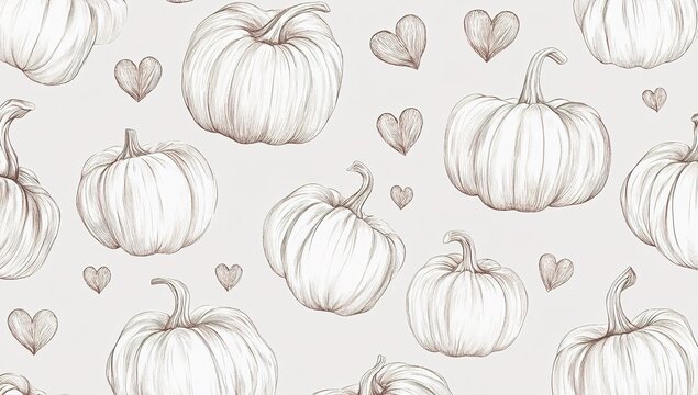 Hand-drawn pumpkins and hearts pattern, a seamless design in neutral tones on a light gray background. The design is simple yet elegant, with delicate lines of pumpkin silhouettes and heart shapes