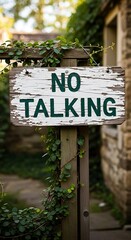 Rustic No Talking Sign Amidst Lush Greenery and Stone Building.
