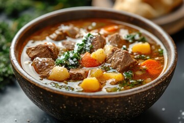 Beef stew with potatoes and carrots in a bowl.