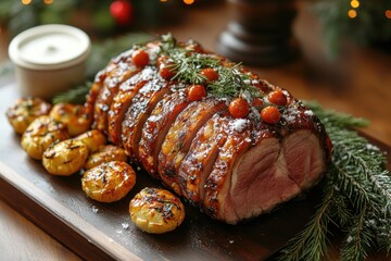 Steak with roasted potatoes and herbs on a wooden cutting board.