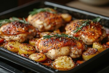 Chicken garnished with tomato slices and fresh rosemary.