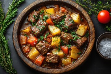 Beef stew with potatoes and tomatoes in a bowl.