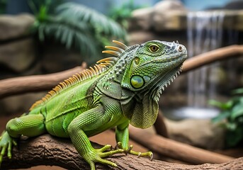 Obraz premium Green Iguana Portrait - A Vibrant Reptile in Natural Habitat.