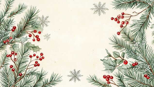 Illustration of a vintage Christmas garland, featuring green pine branches and red berries, snowflakes, and a cream background in a cottagecore style with muted colors.