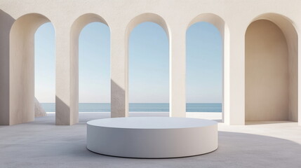 A white, round podium on the ground, surrounded by arched windows and walls, is set against an outdoor background with a blue sky in the distance. 