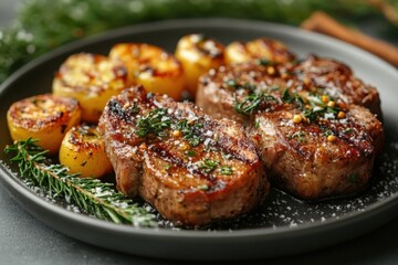 Juicy pork steak served with seasoned potatoes, garnished with fresh herbs.