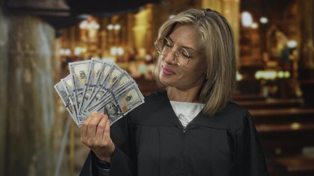 Blonde judge woman wearing robe holds money fan inside church building altar area; greed.