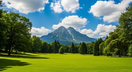 Idyllic Mountain Landscape with Lush Green Meadow and Blue Sky.