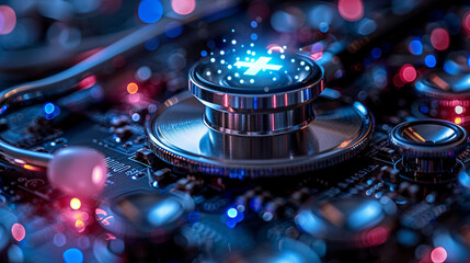 Medical technology stethoscope on circuit board.  Digital health care concept.