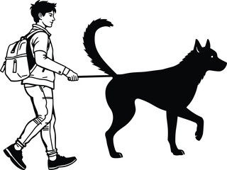 Dog walking silhouette vector illustration, black and white outdoor scene, person with backpack, pet companion, minimal design, motion and lifestyle concept