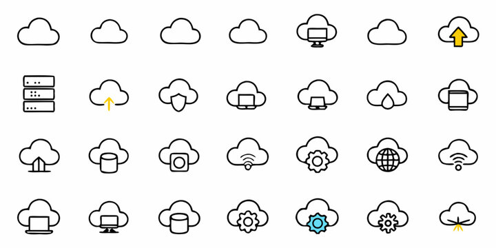 Modern cloud technology icons symbolizing data storage, networking, cybersecurity, and server solutions for innovative digital business strategies, all in one simple design