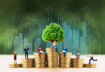 Miniature Human-Centered Financial Growth in Urban Economy, Miniature People on rising coin stacks...