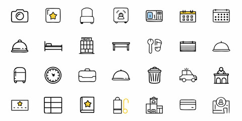 Charming hotel icons showing lodging, travel plans, and guest amenities, perfect for travel blogs, booking websites, and hotel marketing, originally a vector graphic