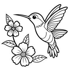 Intricate Coloring Page Depicting a Hummingbird Hovering Near Dainty Flowers