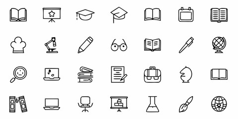 Explore a visual journey of education and knowledge with these icons showing school, office, and learning symbols representing modern learning and academic pursuits