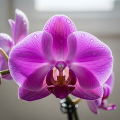 Radiant Purple Orchid Blossom with Delicate Water Droplets.