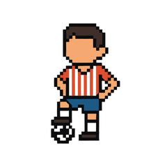 simple pixel art illustration of a soccer player stand with right foot resting on the ball © rahmat