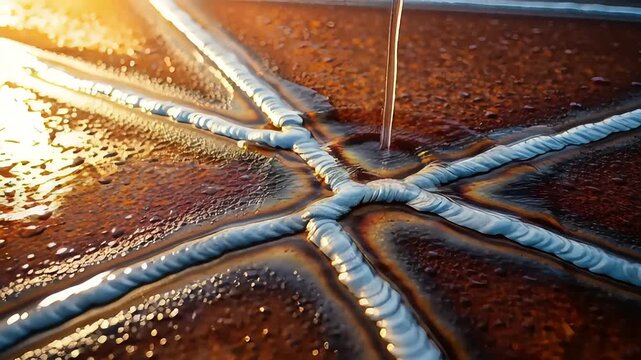 Close up of welding seams on metal surface with golden light.