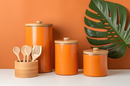 Modern Kitchen Storage Set with Utensils and Monstera Leaf Accent